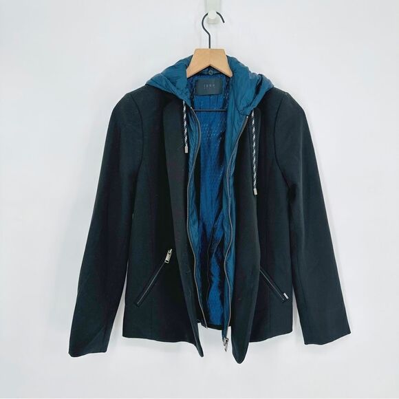 IKKS One Button Blazer With Full Zip Hood Black Navy Blue Women's 36 Small - Picture 2 of 9